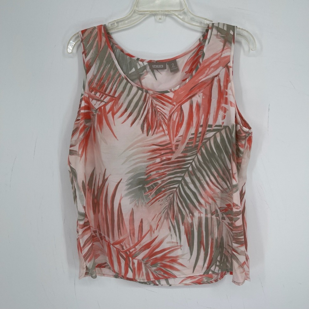 Chico's Women's Orange Palm Leaf Print Sleeveless Beach Tank Top Size 2 Large